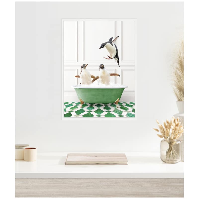 Kate and Laurel Sylvie Penguins in Eclectic Green Panel Wall Bathtub Framed Canvas by Amy Peterson