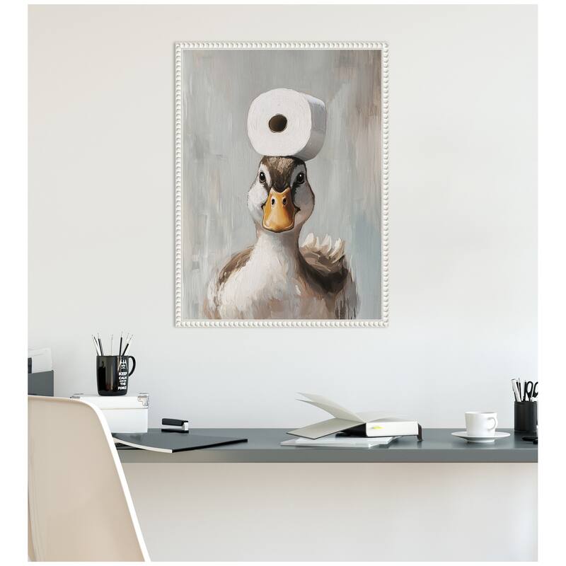 Kate and Laurel Sylvie Toilet Paper Roll on Ducks Head Bathroom Art Framed Canvas by The Creative Bunch Studio