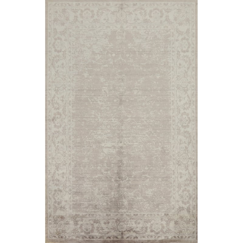 Hand Knotted Oriental Viscose Silk Carpet Modern Abstract Beige & Ivories Abstract Area Rug - 7' 4'' X 5' 3''