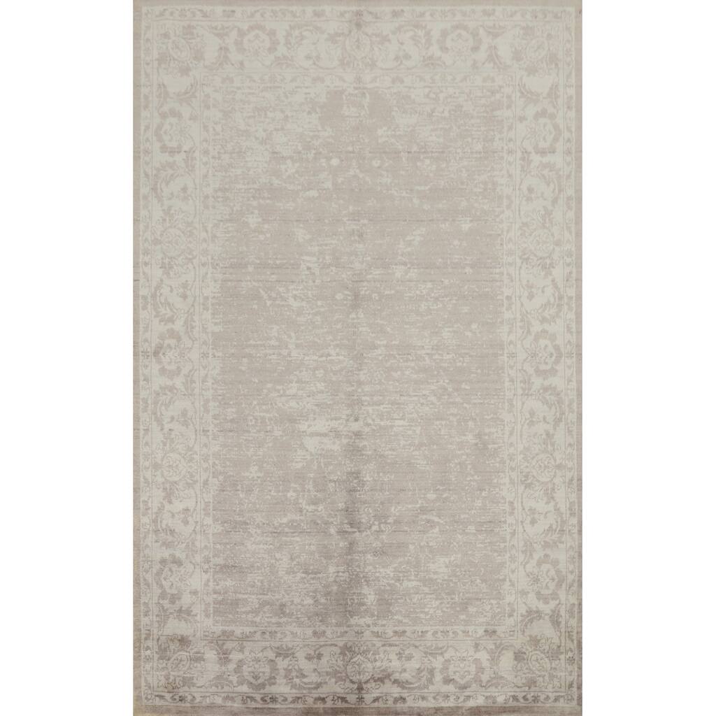 Hand Knotted Oriental Viscose Silk Carpet Modern Abstract Beige & Ivories Abstract Area Rug - 7' 4'' X 5' 3''