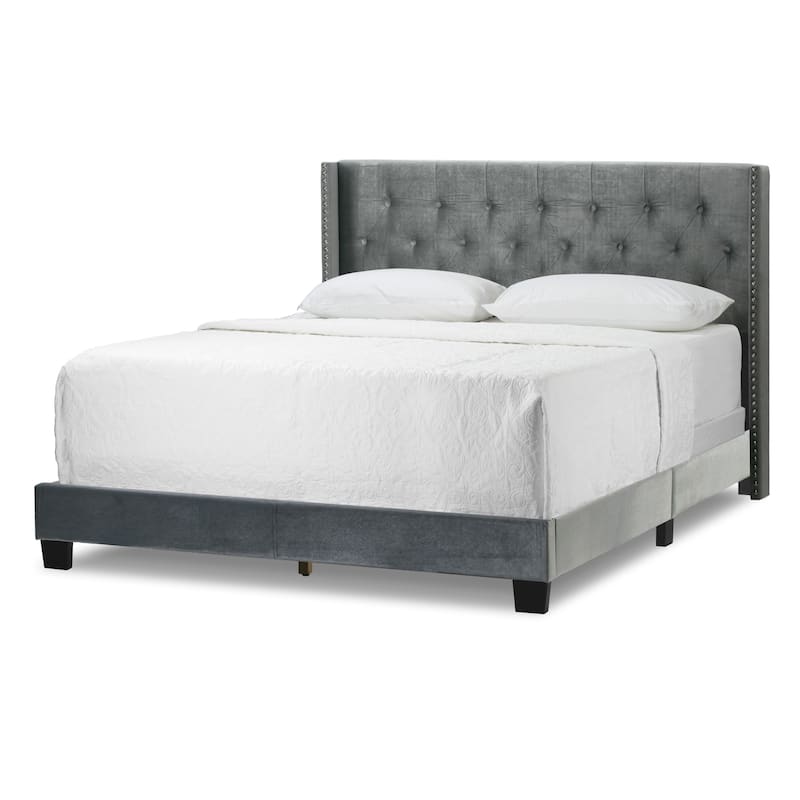 Asali Silver Grey Velvet Bed with Tufting and Nail Headed Wings