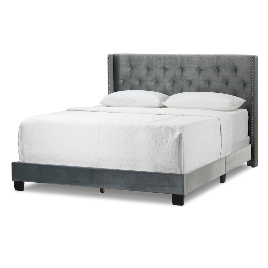 Asali Silver Grey Velvet Bed with Tufting and Nail Headed Wings