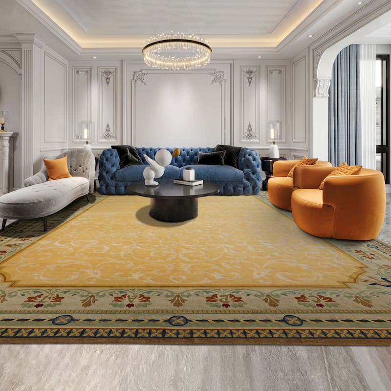 13'6''x21'4'' Oversize Hand Knotted Wool and Silk Light Gold Tibetan Rug - 13' 6'' x 21' 4'' - 13' 6'' x 21' 4''