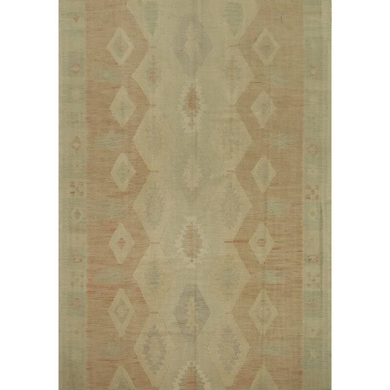 Hand Woven Oriental 100% Wool Carpet Southwestern Tribal Beige & Ivories Kilim Area Rug - 9' 7'' X 8' 1''