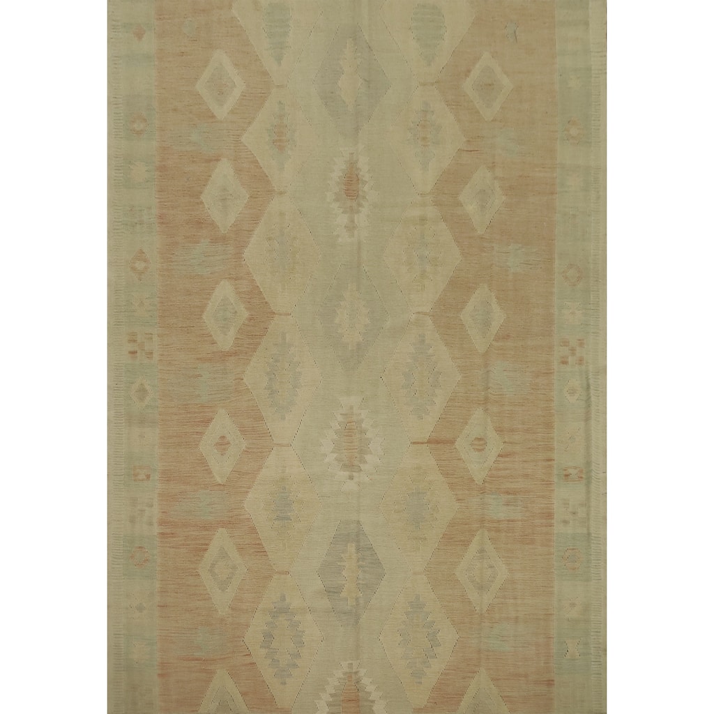 Hand Woven Oriental 100% Wool Carpet Southwestern Tribal Beige & Ivories Kilim Area Rug - 9' 7'' X 8' 1''