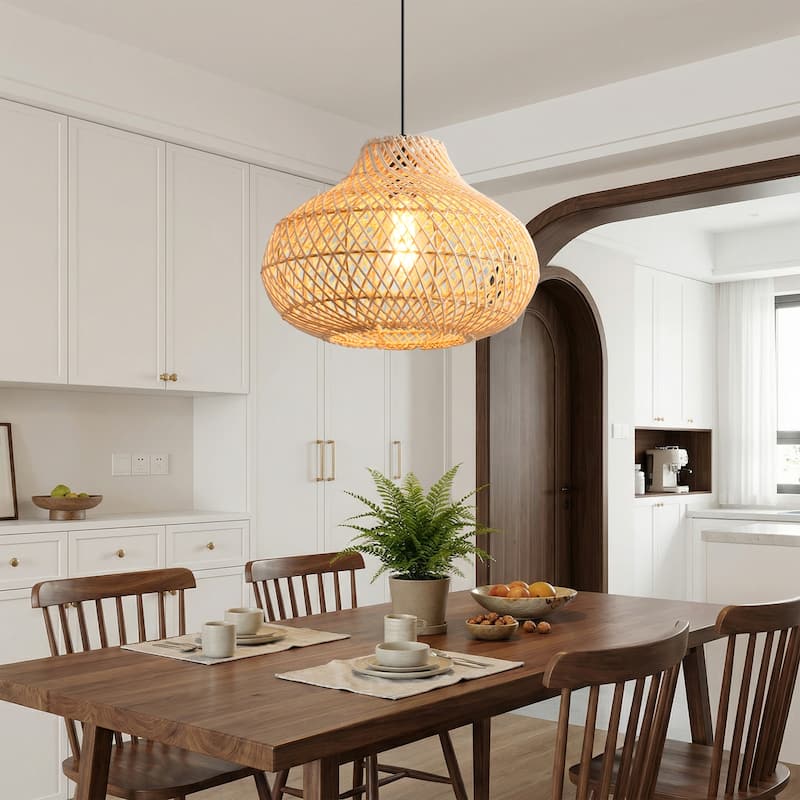 1-Light Boho Brown Rattan Hand-Woven Cloche Hanging Basket Pendant Light - 18.9" W x 59" H