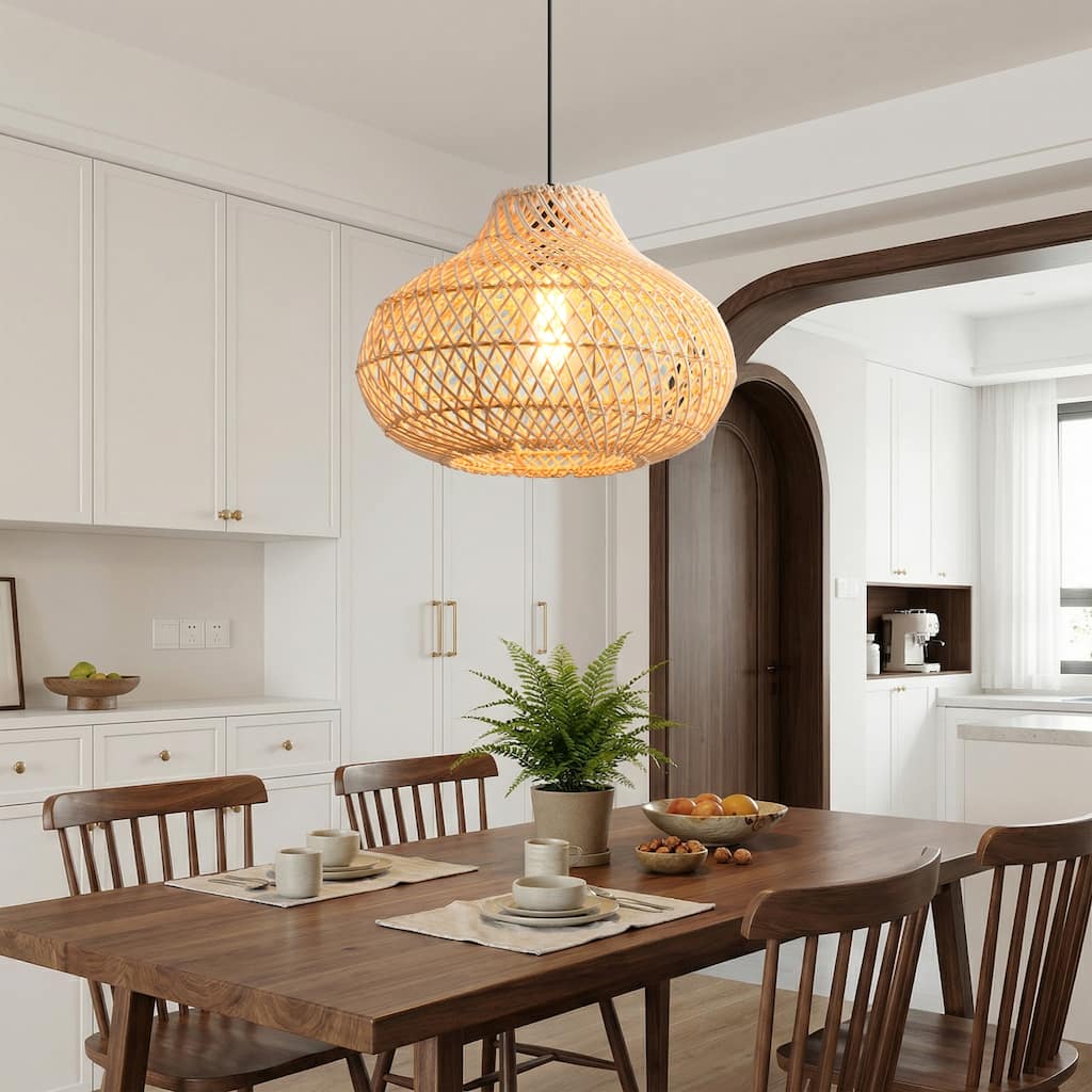 1-Light Boho Brown Rattan Hand-Woven Cloche Hanging Basket Pendant Light - 18.9" W x 59" H