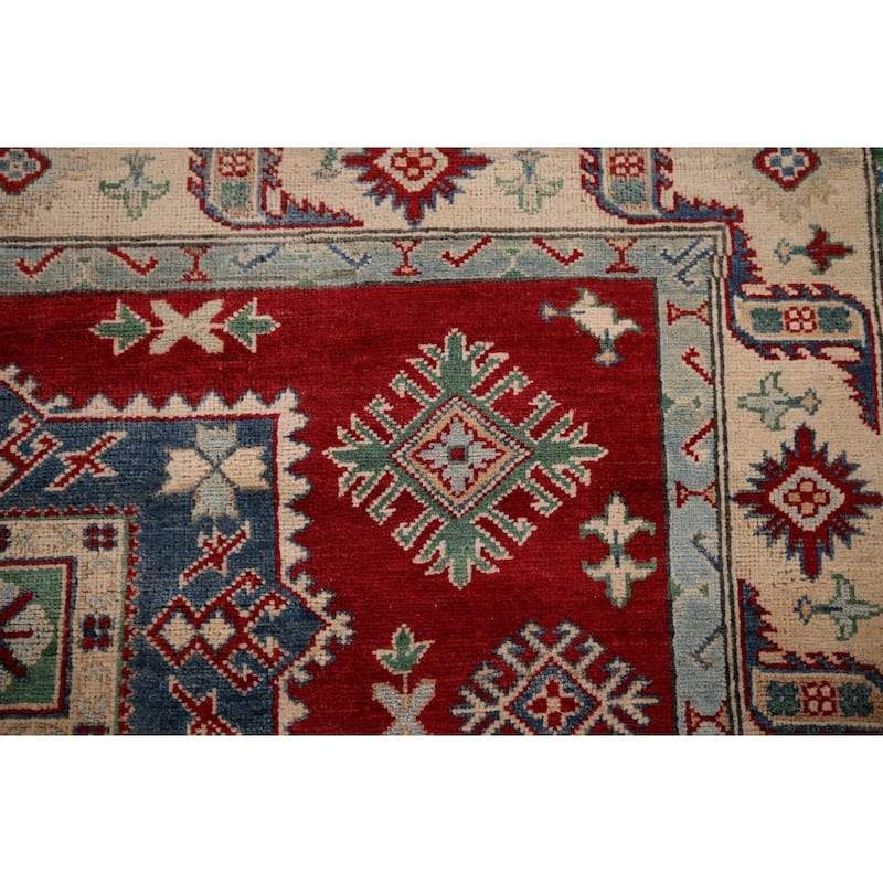 Geometric Red Kazak Oriental Area Rug Hand-Knotted Wool Carpet - 5'1" x 6'8"