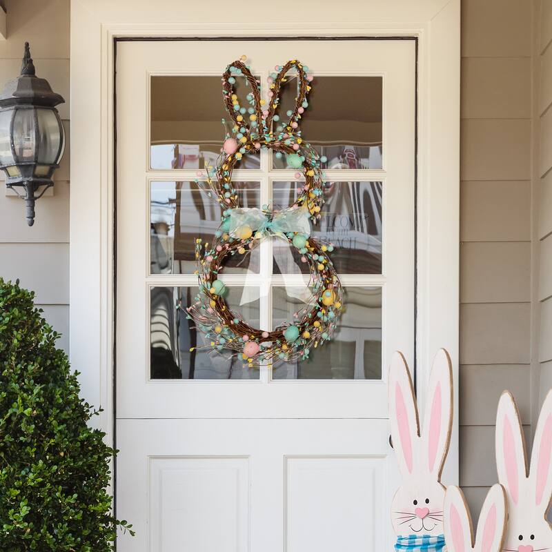 Glitzhome Easter Bunny Shaped Wreath with Eggs Satin Ribbon Bow Basket