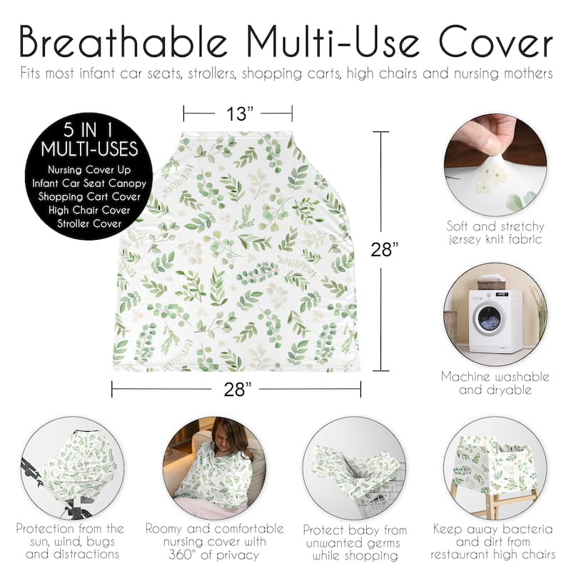 Sweet Jojo Designs Floral Leaf Boy Girl 5 in 1 Baby Car Seat Nursing Cover Green White Boho Bohemian Watercolor Flower Woodland