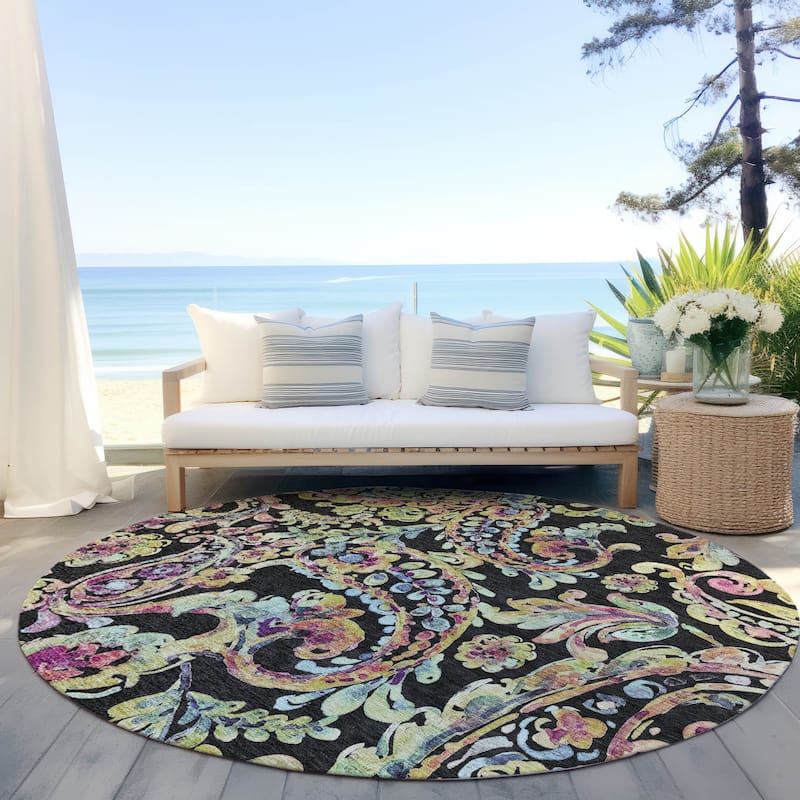 Machine Washable Indoor/ Outdoor Chantille Traditional Scroll Rug - Black - 8' x 8'