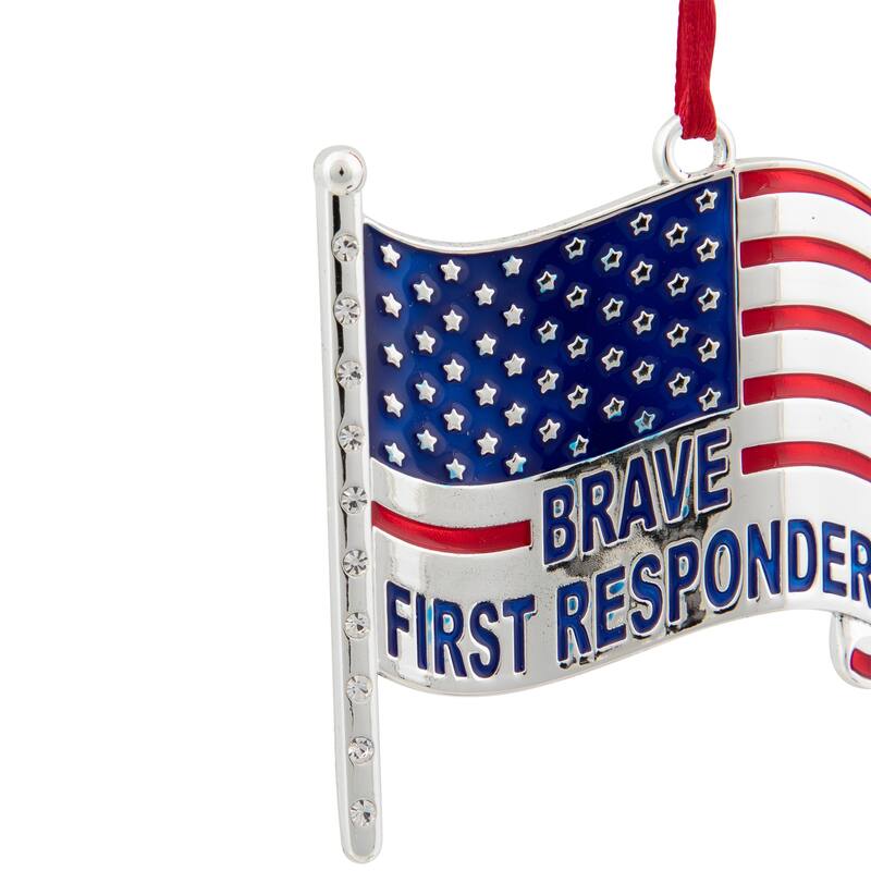 2.75" Silver-Plated First Responders Flag Ornament European Crystals
