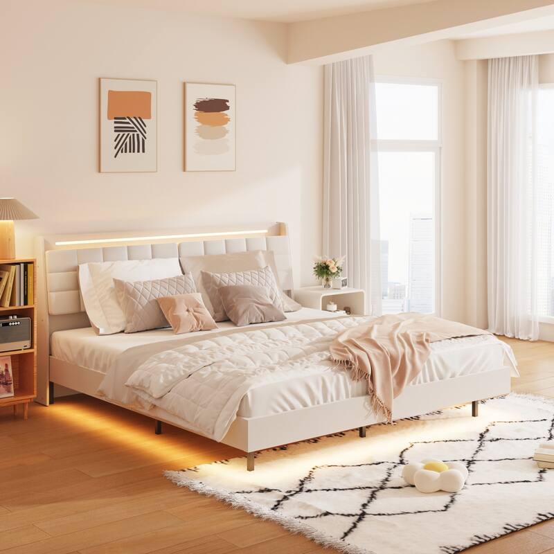 Floating Bed Frame with LED Light and Charging Station