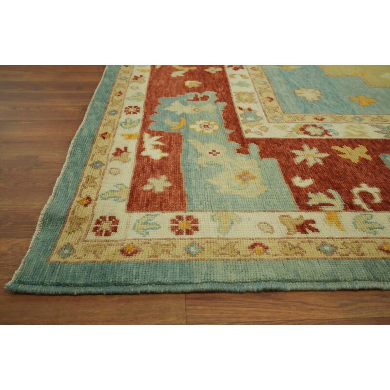 Handmade Blue Oushak Vegetable Dye Area Rug, Medallion Geometric Carpet - 13' 5'' X 10' 2''