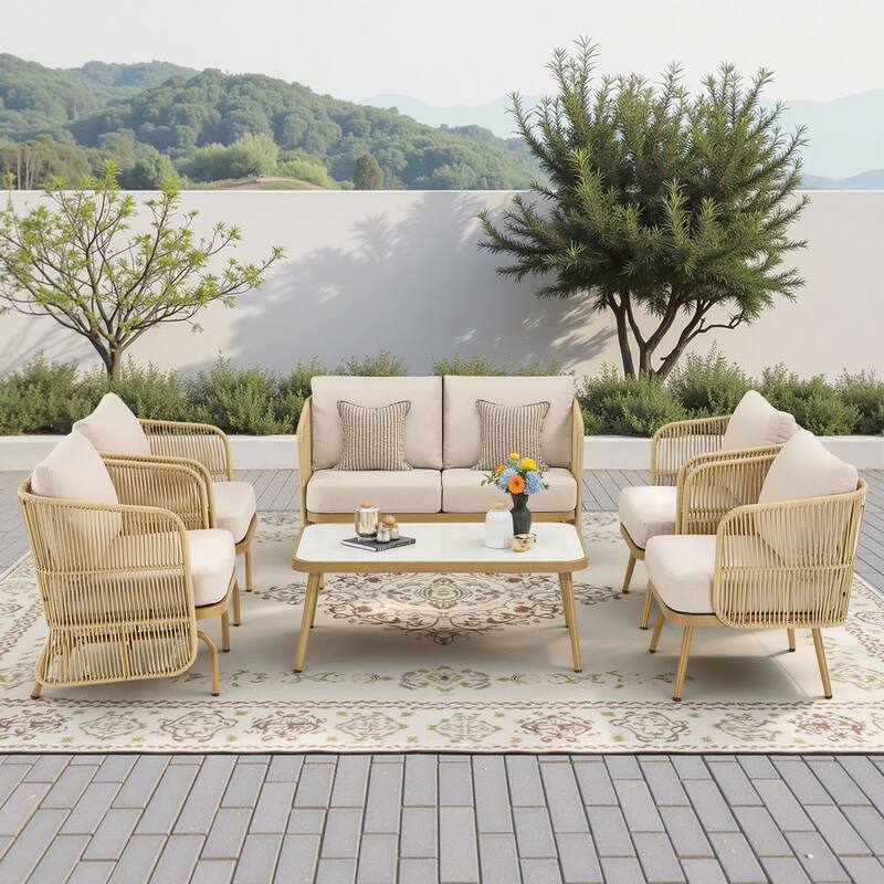 Pocassy Patio Sofa Glider Chair with Coffee Table - Yellow Wicker Beige Cushion - 6-Piece 2-Seat Patio Sofa Chair with Coffee Table