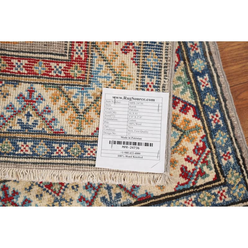 Kazak Oriental Foyer Rug Hand-Knotted Wool Carpet - 2'0"x 3'0"