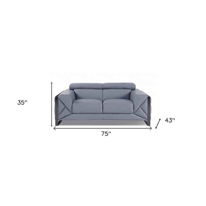 HomeRoots 75" Light Blue And Black Italian Leather Loveseat