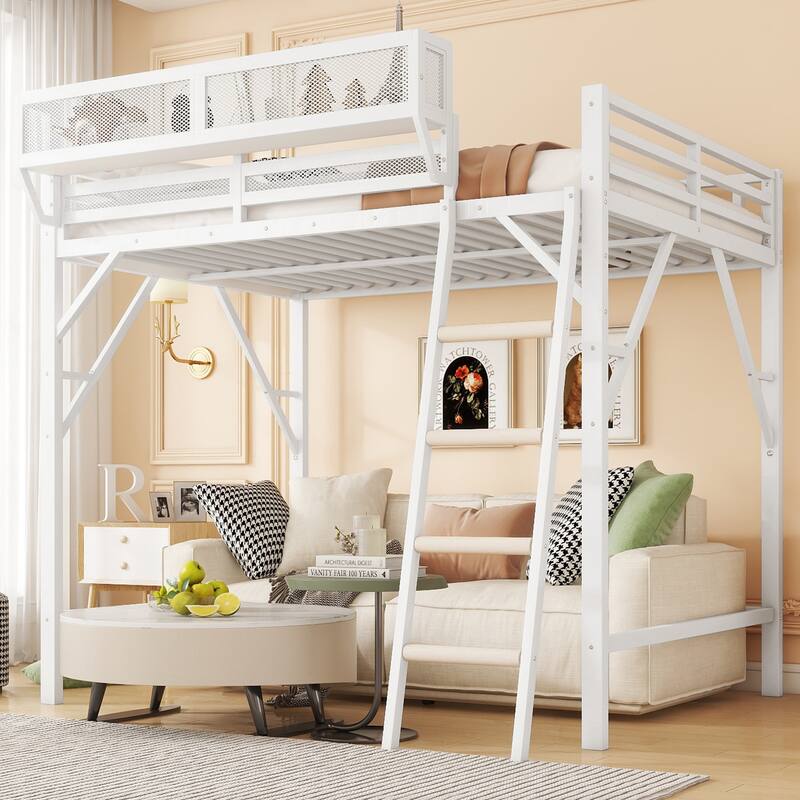 Heavy Duty Metal Loft Bed Frame with Guardrails and Storage Shelves