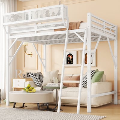Metal Loft Bed with Storage Shelves and Ladder