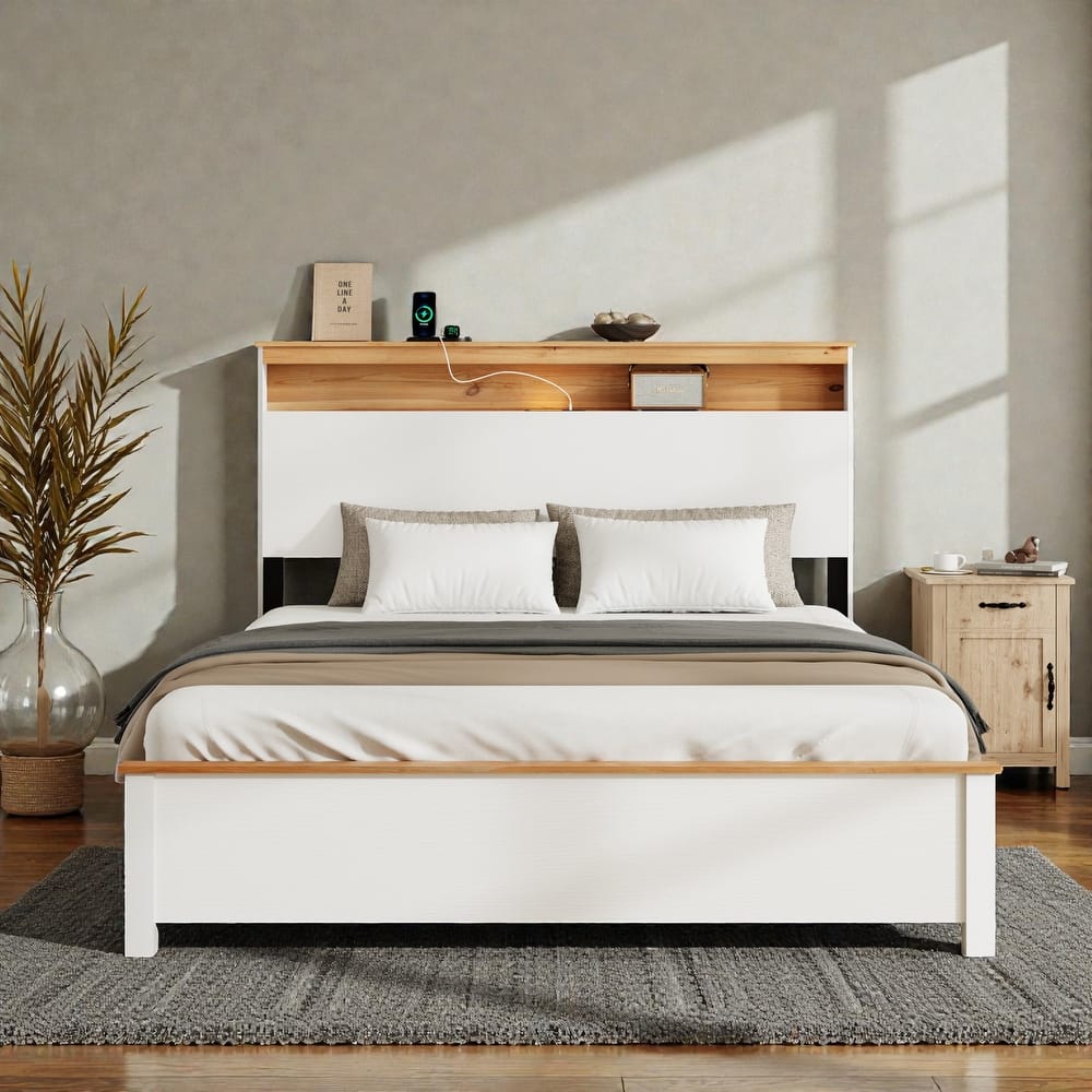 Rustic Wooden Bed Frame with Storage Headboard, LED Lights and Charging Station, Noise-Free Metal Slats, No Box Spring Needed