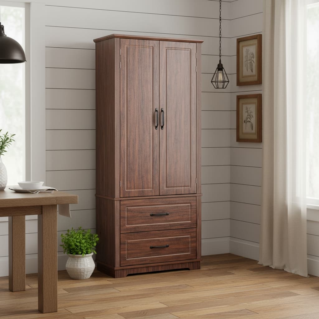 HomeRoots 71" Brown Wood Pantry Or Storage Closet - 30.30 in. x 70.98 in. x 15.80 in.
