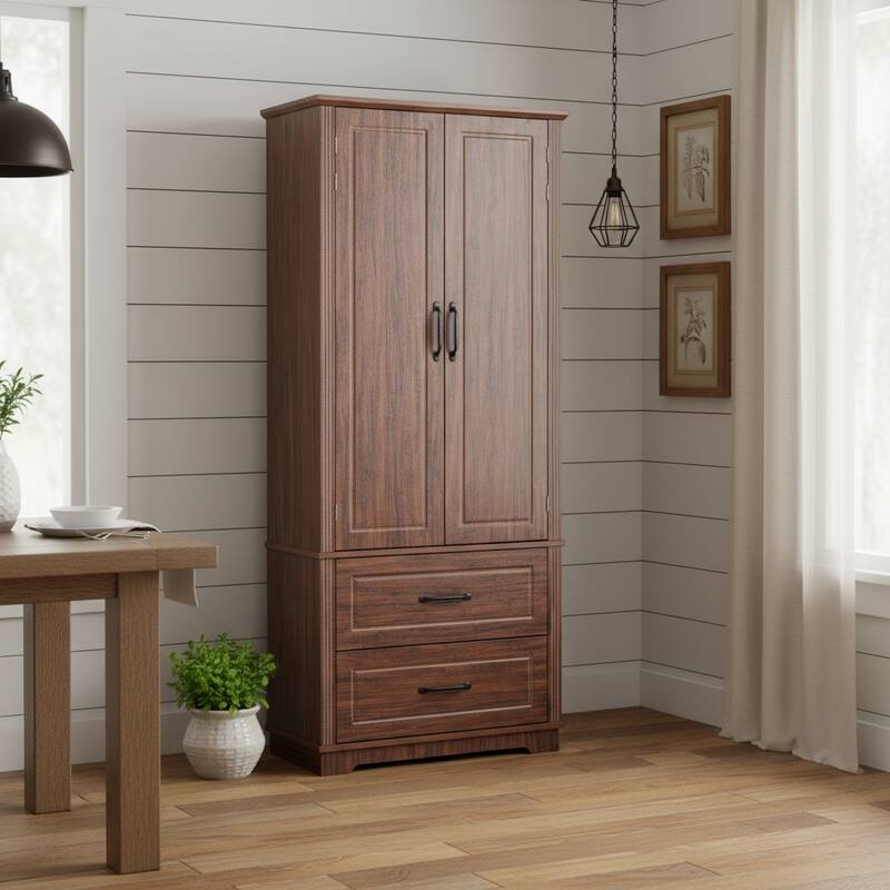 HomeRoots 71" Brown Wood Pantry Or Storage Closet - 30.30 in. x 70.98 in. x 15.80 in. - Brown