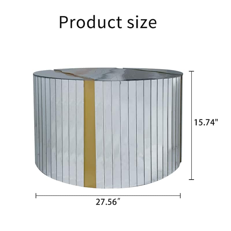 Marble pattern sticker Round Coffee Table, Cylindrical Silver Mirror with Gold Dust Finish, Modern Home Decor Table