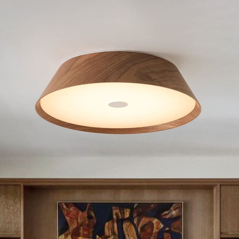 Scandinavian Conical Wood Dimmable LED Flush Mount Ceiling Light - 13.2in - Walnut