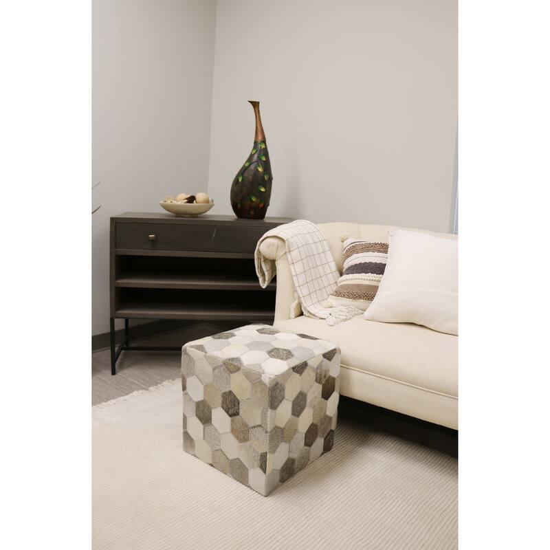Home&Manor Palma 16" Cowhide Leather Cube Pouf