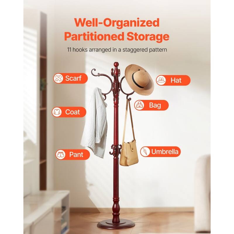 Wooden Coat Rack Stand with 11 Hooks and Anti-Tip Design Perfect for Entryway or Bedroom - 16.5” x 16.5” x 69.29”