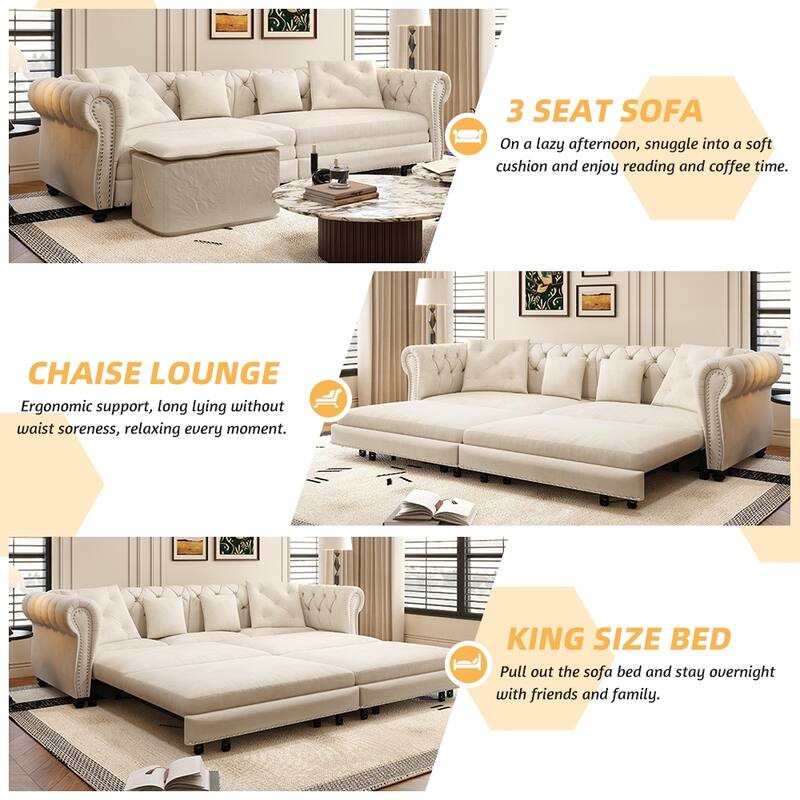 89" Chesterfield Pull Out Sofa Bed - Velvet 3-in-1 Convertible Sleeper with Chaise & Ottoman, King Size Sleeper Sofa