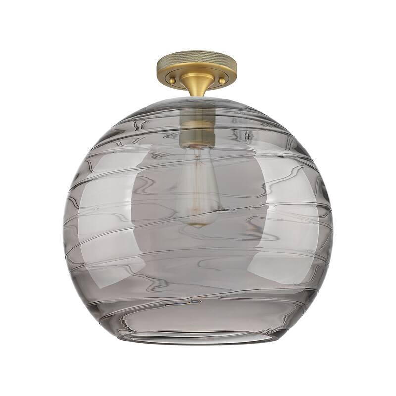 Innovations Lighting 434-1F-10-12 Crown Point Flush Mount Crown Point - Brushed Brass / Light Smoke Deco Swirl