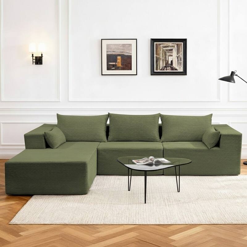 Oversized L-shaped Plush Corduroy Couch, Sectional Sofa with Deep Cushions and Chaise Lounge