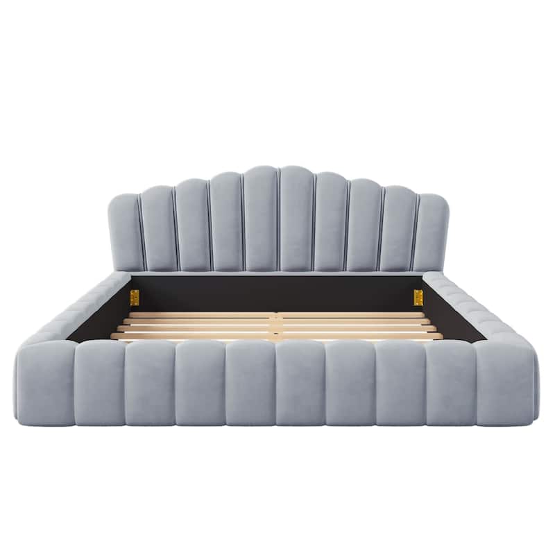 HomeRoots Light Blue Tufted Velvet Upholstered Queen Bed Frame