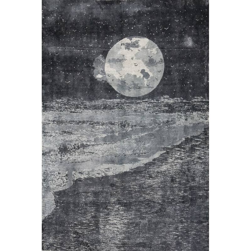 Hand Knotted Oriental Viscose Silk Carpet Modern Pictorial Greys & Charcoal Abstract Area Rug - 7' 5'' X 5' 7''