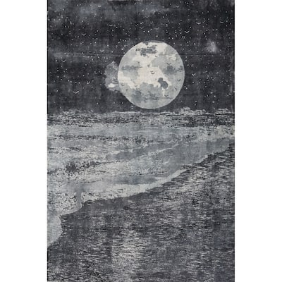 Hand Knotted Oriental Viscose Silk Carpet Modern Pictorial Greys & Charcoal Abstract Area Rug - 7' 5'' X 5' 7''