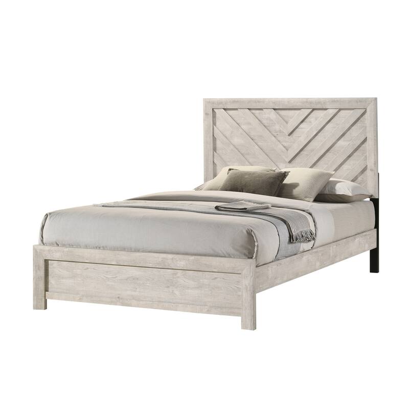 Queen Size Wooden Platform Bed with Geometric Chevron Pattern Headboard - Beige Gray+White