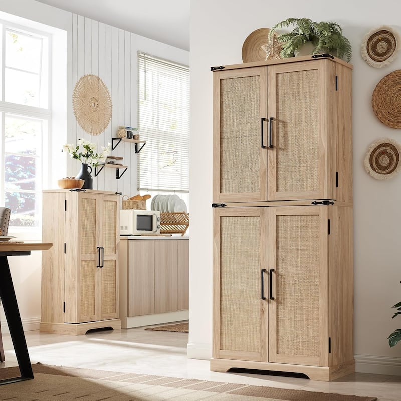72'' Tall Kitchen Pantry, Double-Layer Rattan Storage Cabinet - N/A