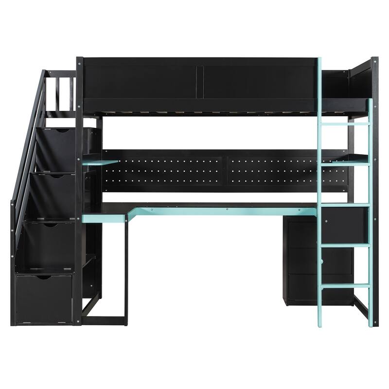 Gaming Loft Bed with Recessed Table Cabinet Pegboard Storage Stairs