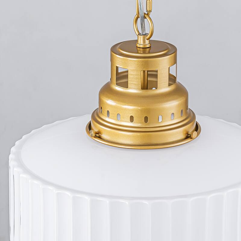1-Light Mid-Century Modern Brass & White Ribbed Glass Pendant Light for Dining Room - 1 Light