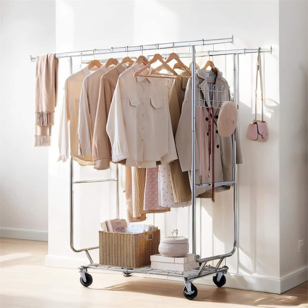 Double Clothing Garment Rack with Shelves, Wheels Rolling