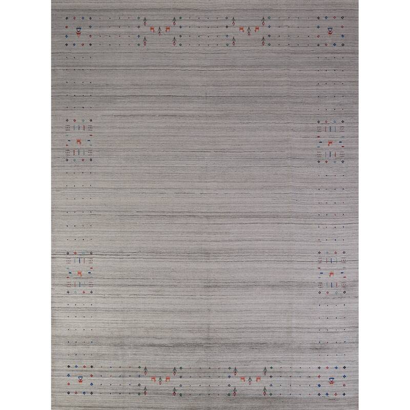 Silver Gray Gabbeh Indian Area Rug Handmade Striped Wool Carpet - 8'1" x 9'9"