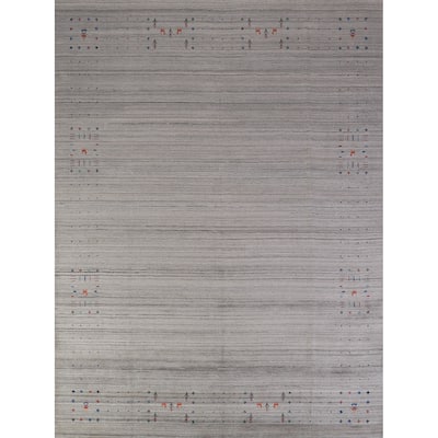 Silver Gray Gabbeh Indian Area Rug Handmade Striped Wool Carpet - 8'1" x 9'9"