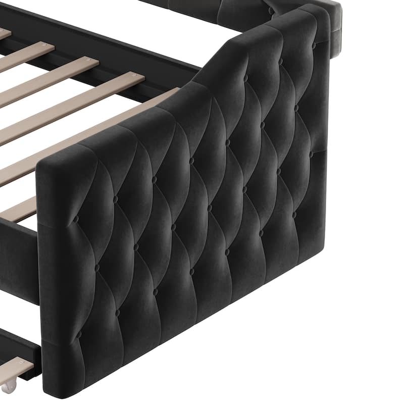 Tufted Upholstered Frame Daybed Velvet Sofa Bed with USB and Type-C Charging Ports, Twin Platform Low Profile Bed with Trundle