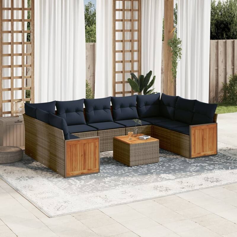 vidaXL 10 Piece Patio Sofa Set with Cushions Gray Poly Rattan - 112.7x27.2x91.0