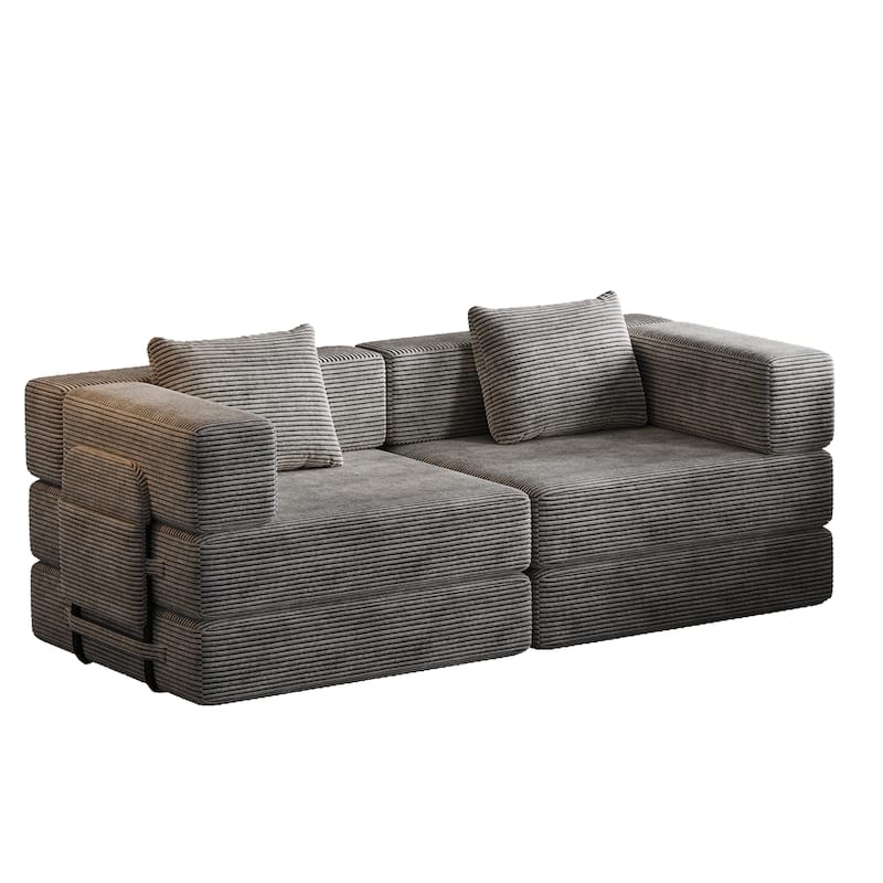 Folding Loveseat Sofa Convertible Sleeper Sofa Bed, Floor Standing Couch Bed Corduroy Floor Mats with Side Pockets and Pillows
