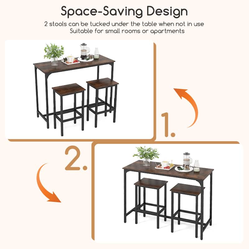 Space-Saving 3-Piece Counter Height Dining Table with 2 Stools for Home Bar or Breakfast Nooks