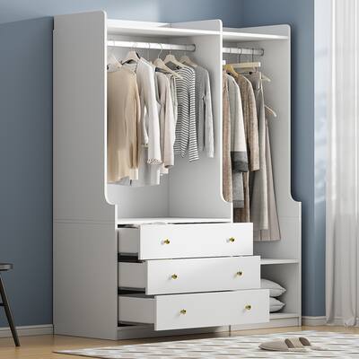Open Wooden Wardrobe 3 Drawers Armoires Hanging Rod Closet, White