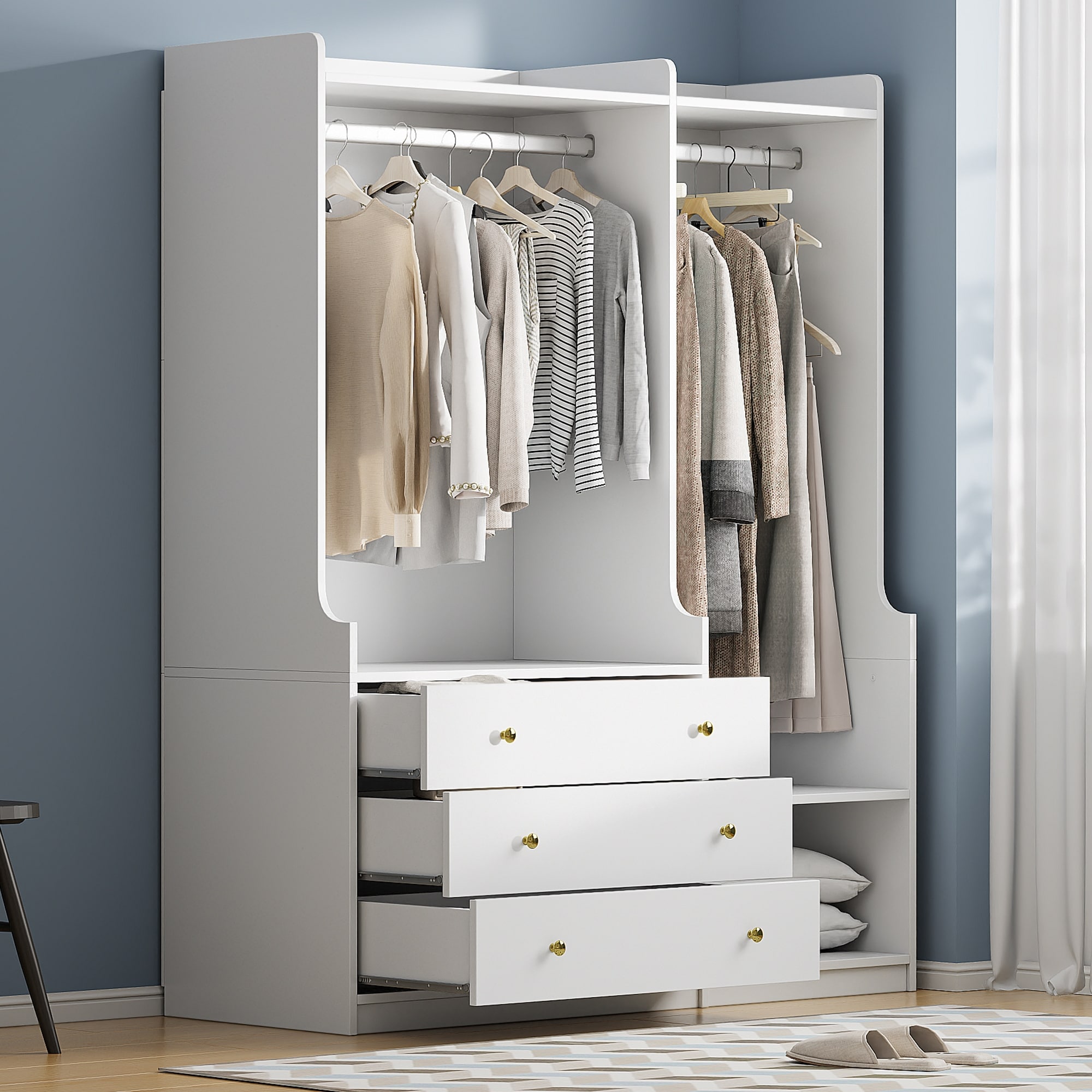 Open Wooden Wardrobe 3 Drawers Armoires Hanging Rod Closet White Bed Bath Beyond 41988439
