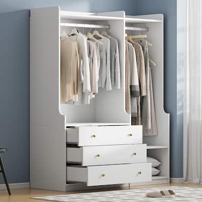 Open Wooden Wardrobe 3 Drawers Armoires Hanging Rod Closet